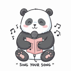 Cute Handdrawn Panda Character Singing Holding Microphone Music Illustration
