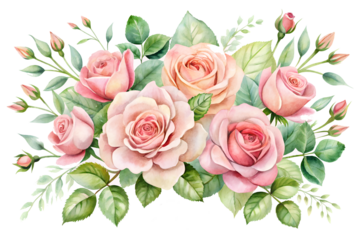 Delicate watercolor arrangement of blooming pink and peach roses with lush green leaves and buds, creating an elegant floral bouquet isolated on transparent background