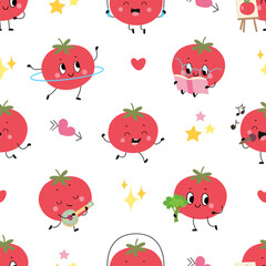 Cartoon tomato characters. Red tomatoes various situations, reading book, play tennis, singing, musician. Funny childish vegetable mascot nowaday vector set