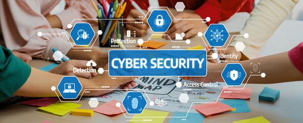 A diverse group collaborates on cyber security strategies using colorful notes and diagrams, emphasizing protection, identity management, and innovative solutions. Amity