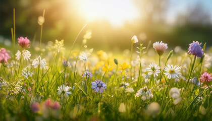 Soft Focus Spring Meadow With Colorful Wildflowers Under Gentle Sunlight