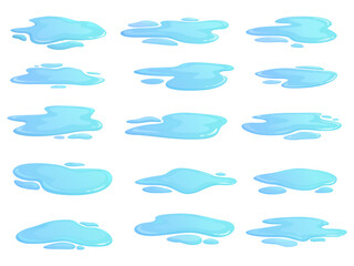 Water puddles. Blue liquids, puddle with drops. Spilled clean water different shapes, flowing design elements. Fall spring weather, sapid vector set