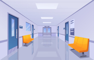 Hospital empty corridor interior. Medical building hallway with benches doors windows and info stands. Emergency clinic clean waiting hall, sapid vector scene