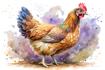 Watercolor painting of a hen with vibrant feathers and a colorful, abstract background, showcasing its rustic charm and natural beauty isolated on transparent background
