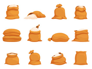 Cartoon rice bags isolated. Textile bag with grains harvest, agriculture elements. Various packs for grain, sackful in piles, close and open, sapid vector set