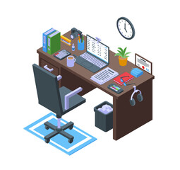 Obraz premium Isometric office workspace. Freelancer or student desk and work chair, devices laptop camera headphones. School stationery, paper basket, nifty vector scene