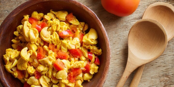 Jamaican ackee and saltfish served in a wooden bowl with fresh tomatoes and spoons.