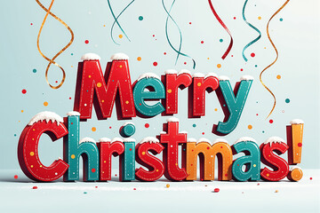 Multicolored letters with snow on top, surrounded by colorful dots and ribbons on a light blue background.