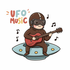 Cute Handdrawn Astronaut Playing Guitar on UFO Spaceship Illustration