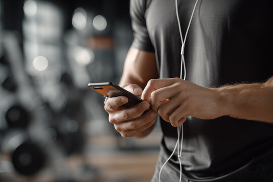 Athletic hands clutching smartphone with earbuds, navigating workout playlist, blurred fitness center backdrop emphasizing music motivation - Powered by Adobe
