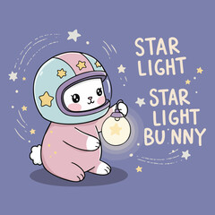 Cute Handdrawn Astronaut Bunny Holding Star Light Bulb Character Illustration