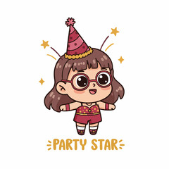 Cute Cartoon Little Girl Celebrating Party with Hat and Star Decoration