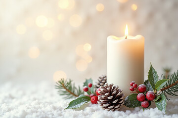 A lit white candle is surrounded by holly, pine cones, and snow, creating a serene winter scene with soft, blurred lights in the background.