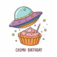 Cute Handdrawn Alien Spaceship and Cupcake Illustration with Stars Design
