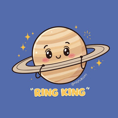 Cute Cartoon Style Detailed Saturn Planet Illustration with Ring King Text © Haimura