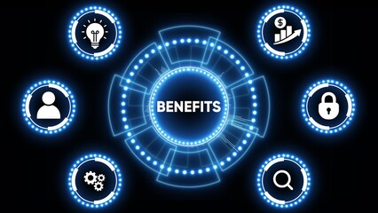 Benefits concept with glowing digital interface and icons on black background advantages rewards