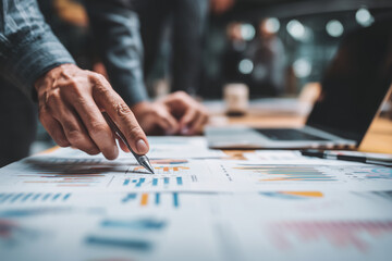 Professional businessman analyzing financial charts, pointing with pen while discussing data insights during corporate meeting with attentive colleagues