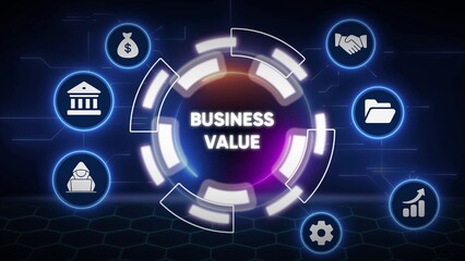 Obraz premium Business Value Concept with Icons of Finance and Technology on Dark Background money bag