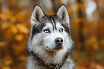 Obraz premium Close up of siberian husky with piercing blue eyes gazing sideways amid blurred autumn foliage in forest setting