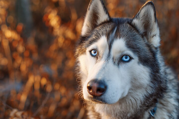 Obraz premium Siberian husky dog standing in forest at sunset, blue eyes gazing intently, highlighting majestic beauty of wilderness and canine spirit