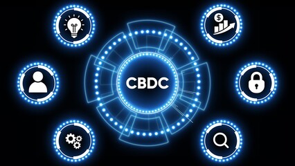 CBDC Concept with Futuristic Interface and Glowing Blue Icons on Dark Background CBDC central bank digital currency