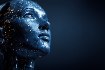 Ai generated human profile materializing through digital binary flow, representing machine learning evolution and technological convergence