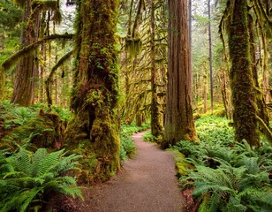 Fototapeta premium a path in the fairy green forest the forest along the trail is filled with old temperate trees covered in green and brown mosses hoh rain forest olympic national park washington state usa