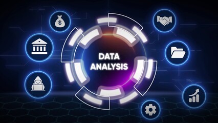 Data analysis concept with digital icons for finance, security, and business growth on a dark background