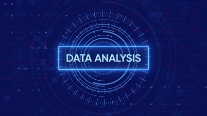 Data analysis concept with glowing neon text and futuristic HUD elements on a digital background technology