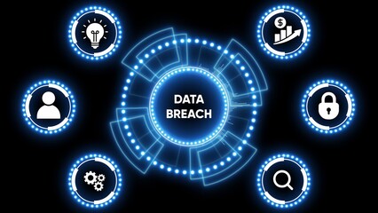 Data breach concept with glowing blue concentric circles and icons digital technology