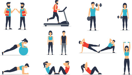 Fitness exercise illustration, workout routine poses, gym training, partner workouts, strength building, healthy lifestyle, body movement, fitness chart, active people