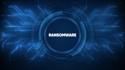 Digital abstract blue circuit board pattern with the word Ransomware in the center cyber security threat