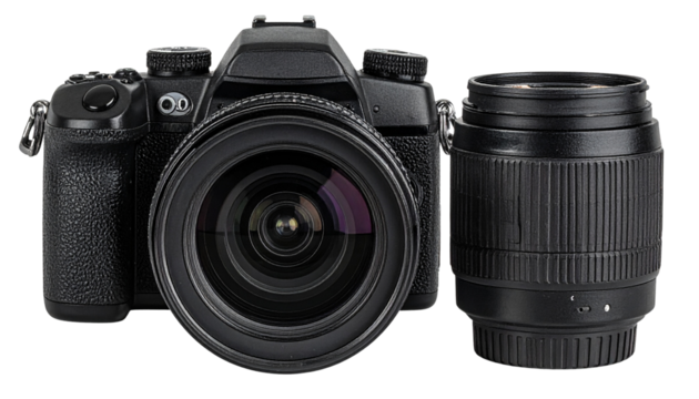 Professional Photography and Video Camera with Lens Isolated on Transparent Background