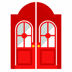 Red double doors with glass panes vector on white background.