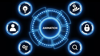 Digital animation concept with glowing blue interface and icons on black background technology futuristic