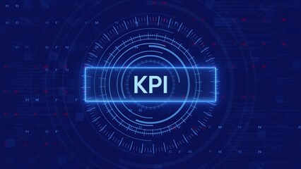 Digital circular HUD interface displaying KPI text with glowing blue futuristic elements and data streams