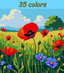 Field of red and blue poppies. Pixel art vector 100x100 squares for paint by numbers &ndash; color grid illustration with clean, smooth squares and overlaid grid for antistress coloring book.