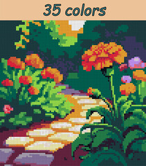Marigolds bloom in the garden. Pixel art vector 100x100 squares for paint by numbers &ndash; color grid illustration with clean, smooth squares and overlaid grid for antistress coloring book.
