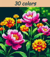 Marigolds and peonies bloom in the garden. Pixel art vector 100x100 squares for paint by numbers &ndash; color grid illustration with clean, smooth squares and overlaid grid for antistress coloring book.