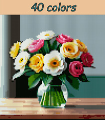Bouquet of peonies in a glass vase. Pixel art vector 100x100 squares for paint by numbers &ndash; color grid illustration with clean, smooth squares and overlaid grid for antistress coloring book.