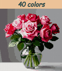 
Bouquet of pink roses in a glass vase. Pixel art vector 100x100 squares for paint by numbers &ndash; color grid illustration with clean, smooth squares and overlaid grid for antistress coloring book.