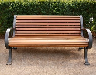 elegant wooden park bench with metal legs and curved armrests