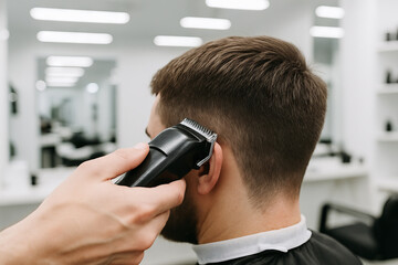 Man getting haircut from barber using clippers in modern barbershop interior. concept of men's grooming, barbering service, contemporary hairstyling