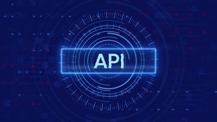 Digital Futuristic HUD Interface with Glowing Blue Neon Text API on Dark Blue Background technology