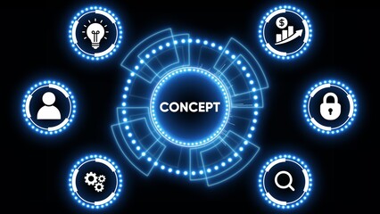 Digital hub with icons representing concept business strategy and innovation on black background