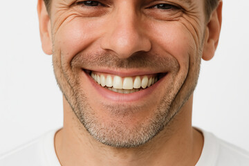 Naklejka premium Close-up of a smiling man with facial hair isolated on white background. concept of happiness, positive emotion, facial expression