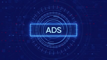 Obraz premium Digital interface displays ADS text within a glowing blue rectangular frame and concentric circles on a dark blue background with code