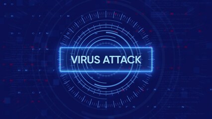 Obraz premium Digital interface displays VIRUSATACK text within a glowing blue rectangular frame and concentric circles on a dark blue background with code