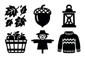 Autumn festival silhouette icon set. featuring leaves, acorn, lantern, apples, scarecrow, sweater.