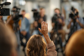 A person raising a hand in a crowd of media